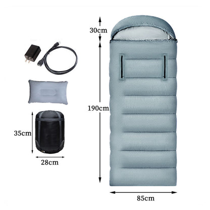 Heated sleeping bag with a power bank connected, illustrating the USB heating functionality.