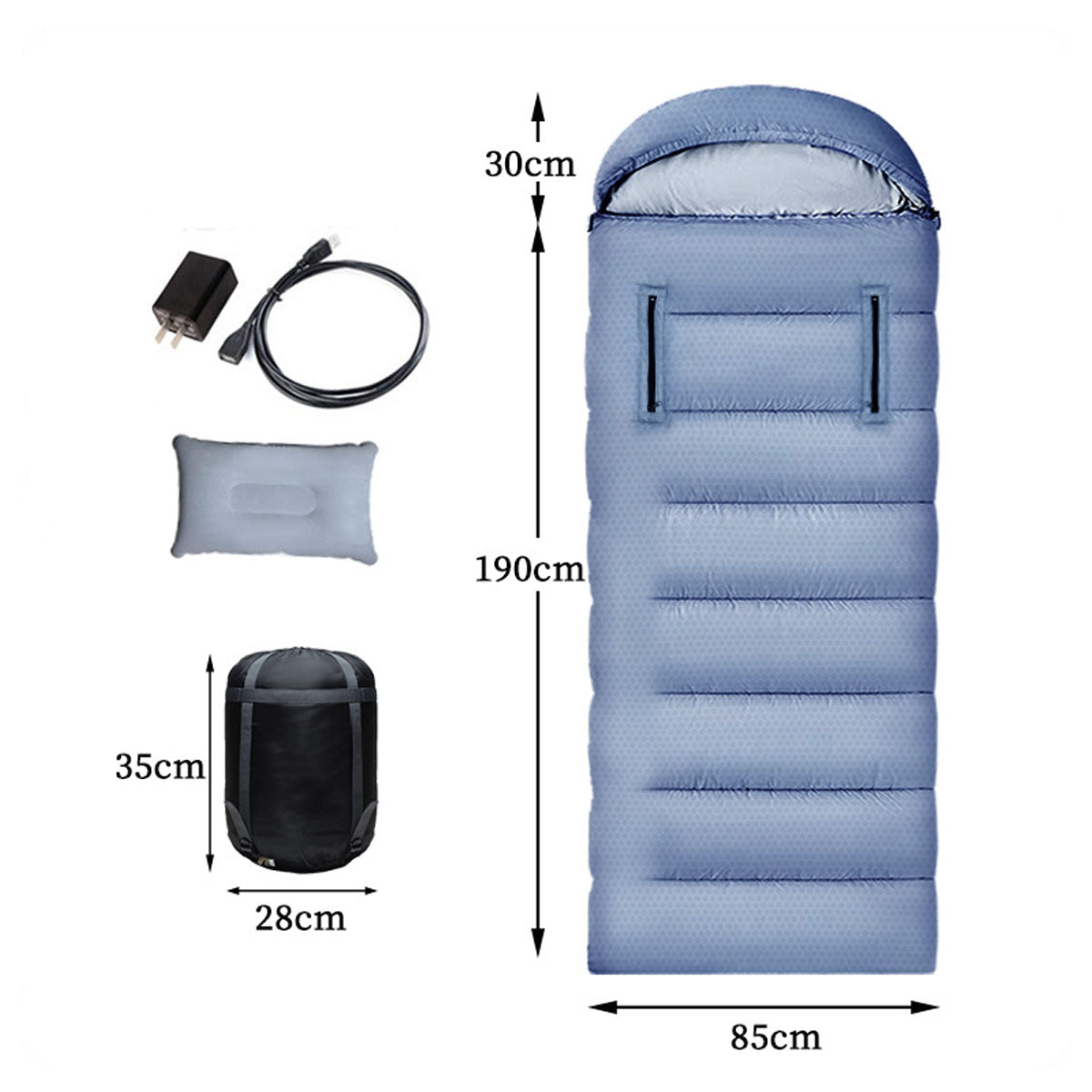 Adventure seeker standing next to a campfire with a USB heated sleeping bag at a winter campsite.