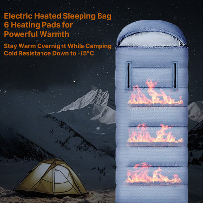 Winter camping gear setup featuring a USB heated sleeping bag and other cold weather essentials.