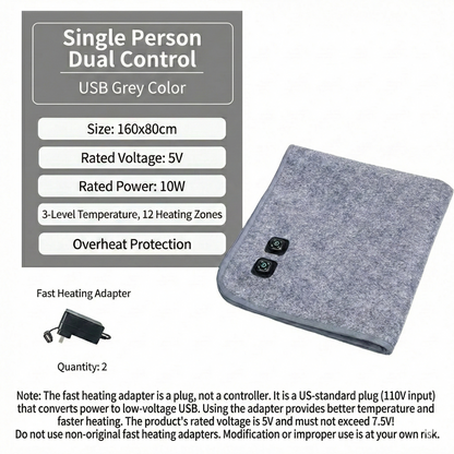 Travel-friendly USB electric blanket, fast heating for portable warmth and comfort.
