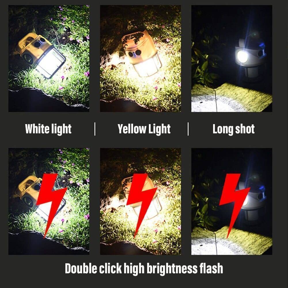 Portable LED camping lantern with USB charging, doubles as a powerful emergency flashlight