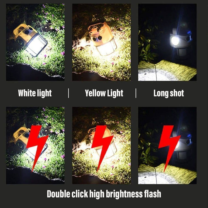 Portable LED camping lantern with USB charging, doubles as a powerful emergency flashlight