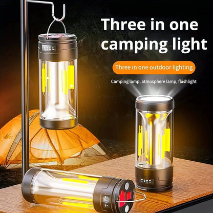 USB rechargeable camping lantern with power bank, glowing brightly, ideal for outdoor adventures.