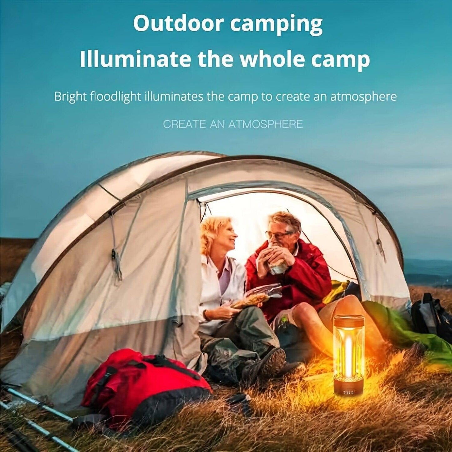 Portable LED camping lantern featuring power bank function, shown charging a phone via USB-C.
