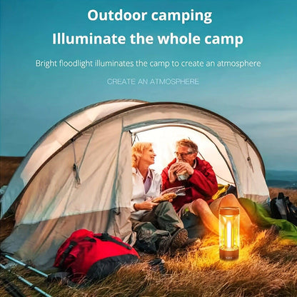 Portable LED camping lantern featuring power bank function, shown charging a phone via USB-C.
