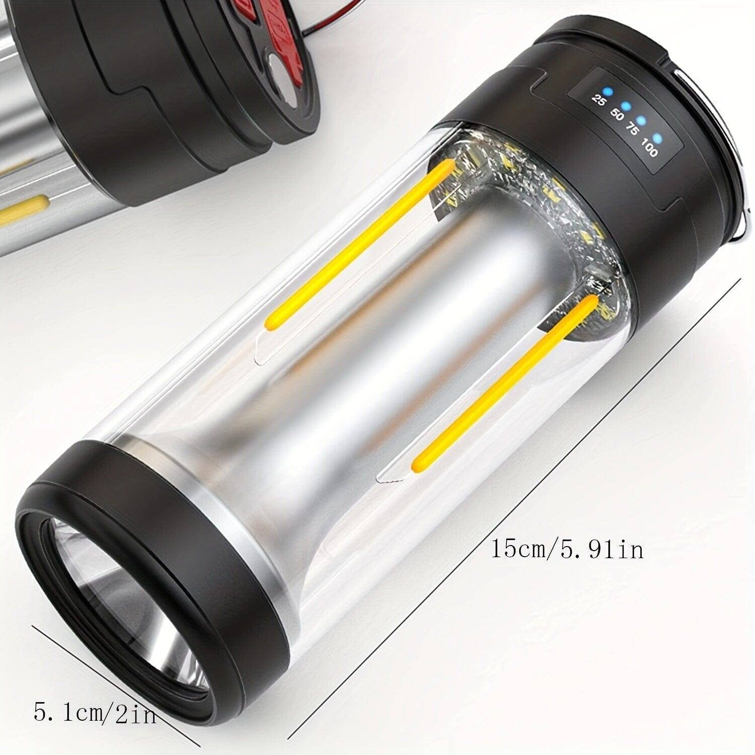 Adventure-ready rechargeable light with power bank, posed next to a tent for scale.