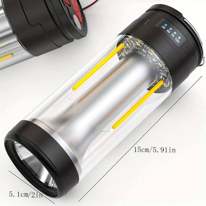 Adventure-ready rechargeable light with power bank, posed next to a tent for scale.