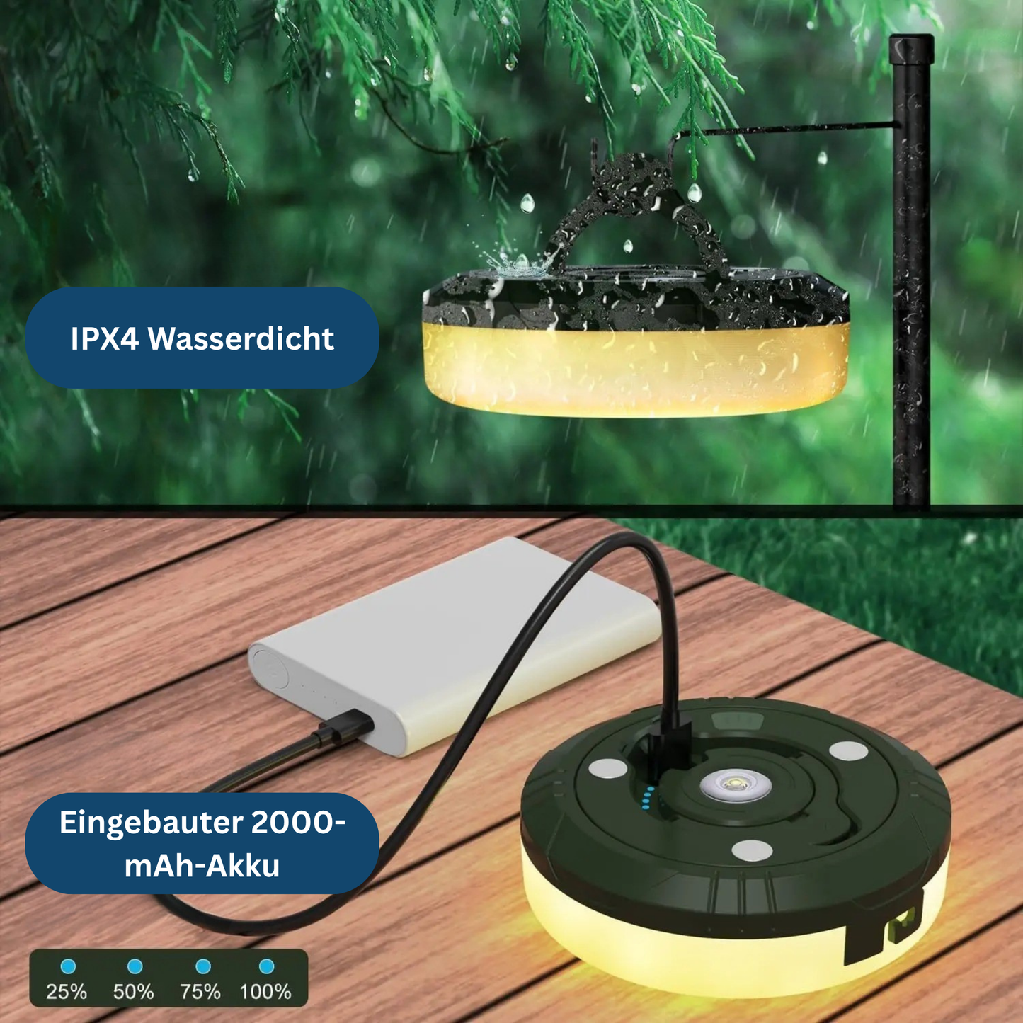 Close-up of USB rechargeable camping string lights, highlighting LED bulbs & portable design for outdoor use