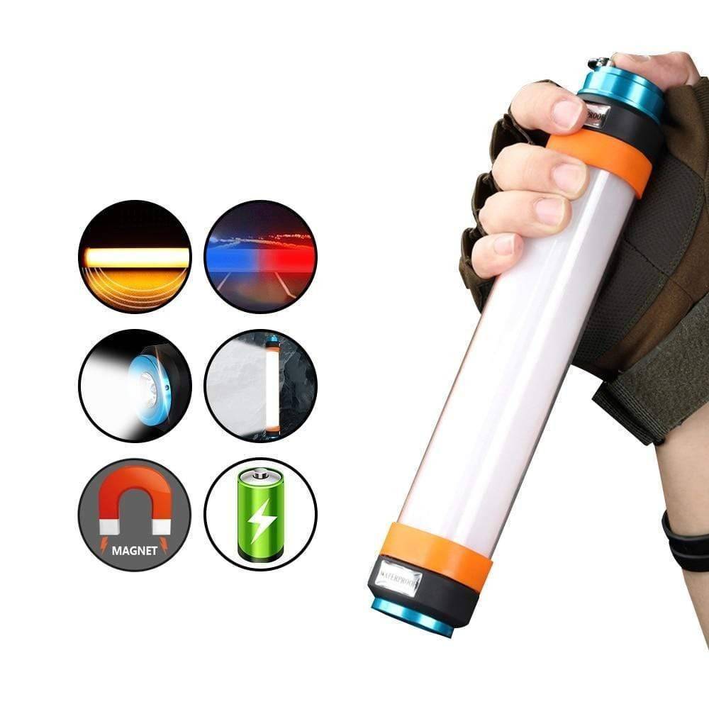 USB rechargeable LED camping torch with magnetic base, showing bright beam for outdoor lighting and emergency use