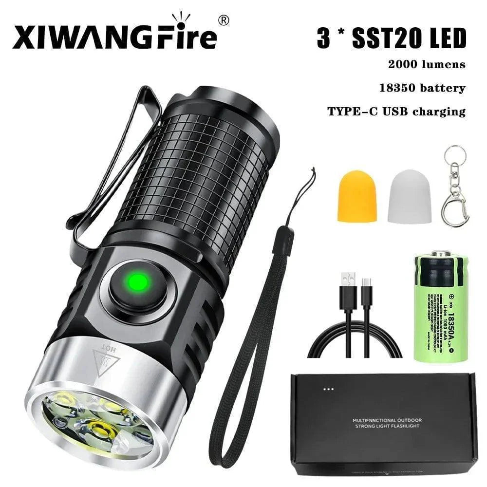 LED flashlight, USB 18650 rechargeable, demonstrating its magnetic hold on a car hood, portable outdoor lighting