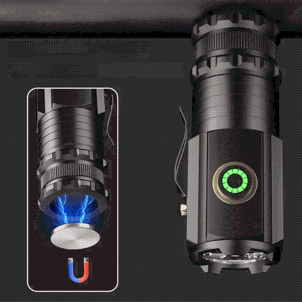 Bright LED flashlight, USB rechargeable, showing magnetic base attached to a metal surface, survival gear