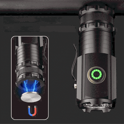 Bright LED flashlight, USB rechargeable, showing magnetic base attached to a metal surface, survival gear