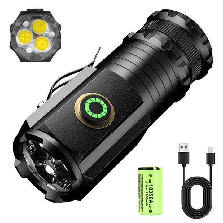 Close-up of USB charging port on an LED flashlight, magnetic base, essential for outdoor lighting