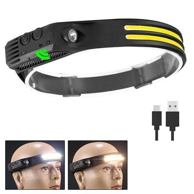Detailed view of the USB charging port on the outdoor LED sensor headlamp