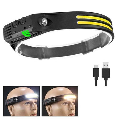 Detailed view of the USB charging port on the outdoor LED sensor headlamp