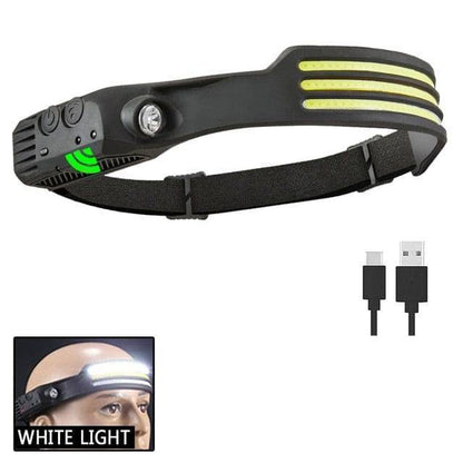 Multiple angles of the USB rechargeable outdoor LED sensor headlamp displayed