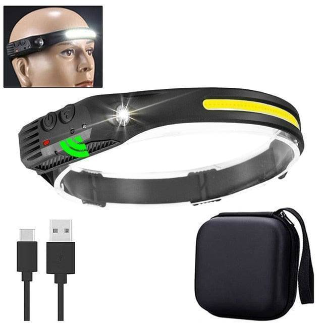 Hand holding the USB rechargeable LED headlamp, demonstrating its portability
