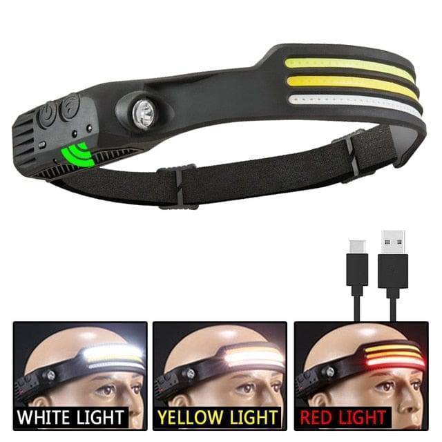 Outdoor LED headlamp with easy-to-use sensor, USB rechargeable, for hands-free light