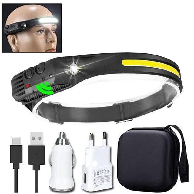 Outdoor enthusiast packing a USB rechargeable LED sensor headlamp for a hike