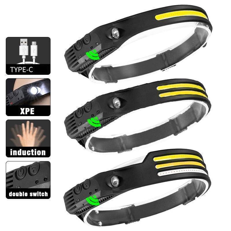 Outdoor LED headlamp with motion sensor, USB rechargeable, ideal for hiking adventures