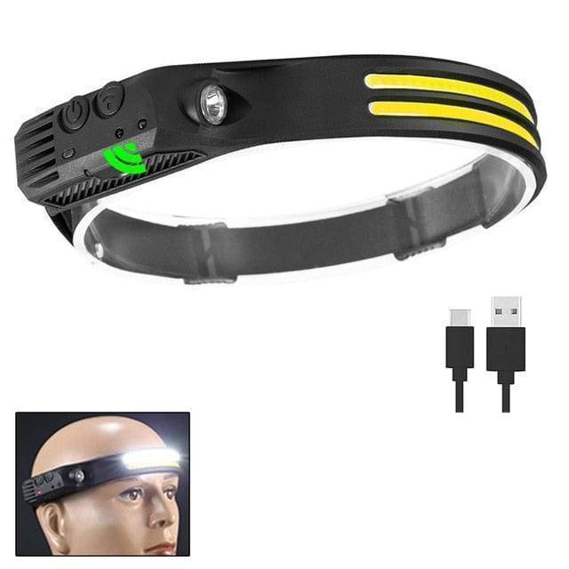 USB rechargeable LED headlamp illuminating a dark trail, showcasing its power