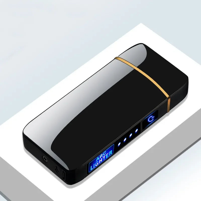 USB rechargeable plasma arc lighter, windproof electric, sleek metal design.