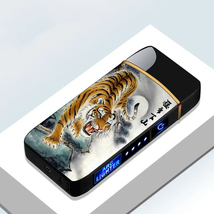Windproof USB rechargeable plasma arc lighter with touch sensor, sleek design.