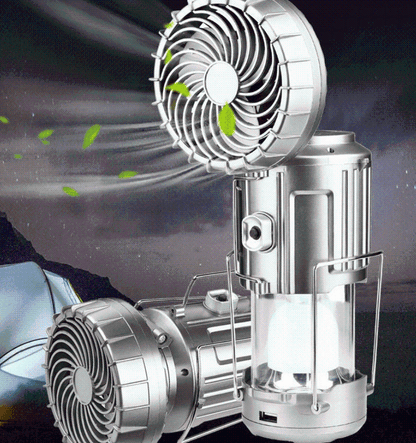 Portable camping fan and LED lantern featuring solar charging, perfect for tents and outdoor adventures.