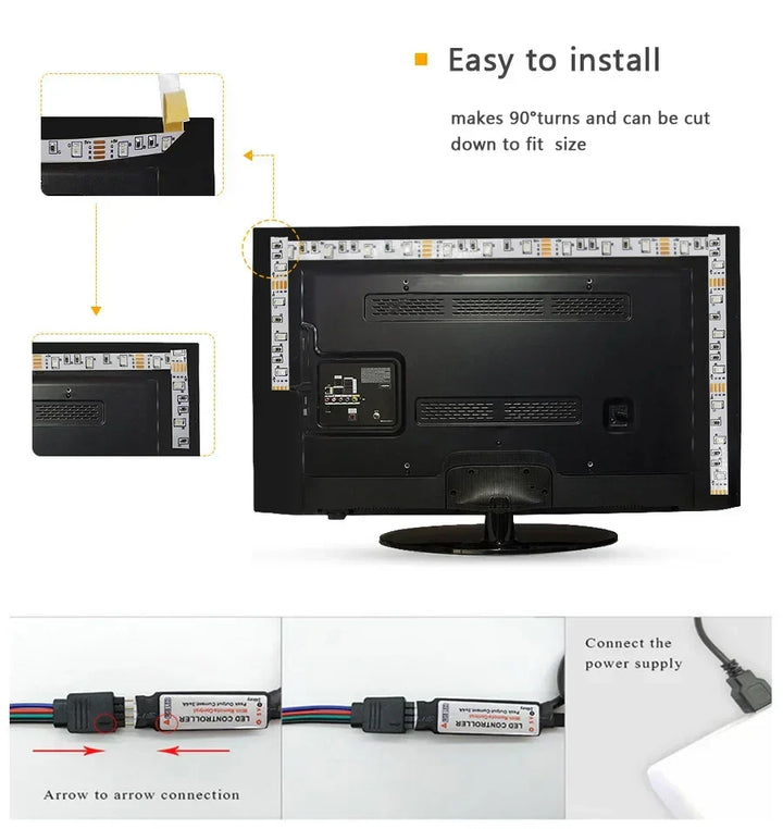 Energy-efficient USB LED strip, RGB color changing, enhances room decor & TV backlighting.
