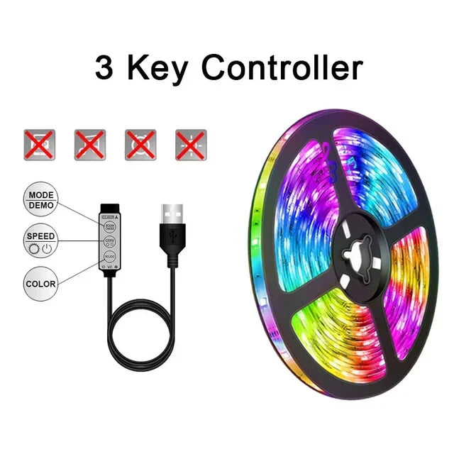 Dynamic RGB LED strip light, USB powered, creates ambient room decor & color changing effects.