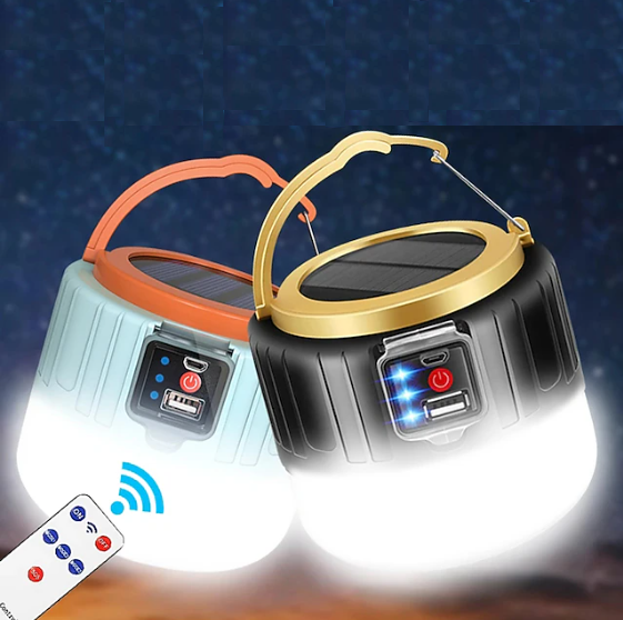 USB solar rechargeable camping tent lantern with remote control, hanging hook for outdoor lighting