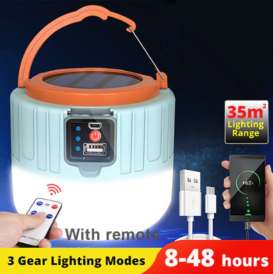 Reliable outdoor light: portable tent lantern, USB-C and solar rechargeable, with included remote
