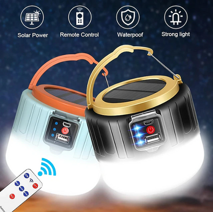 Hands-free camping tent lantern, solar & USB charged, remote control for optimal outdoor experiences