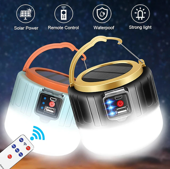 Hands-free camping tent lantern, solar & USB charged, remote control for optimal outdoor experiences