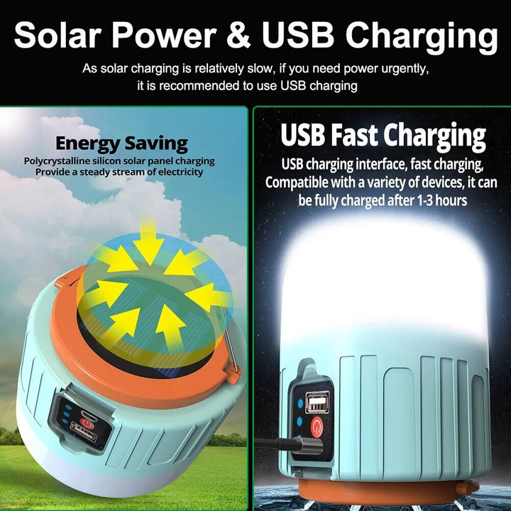 Outdoor lighting: USB-C solar rechargeable camping tent lantern with convenient remote operation
