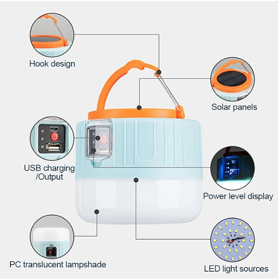 Versatile camping light: USB and solar powered tent lantern with remote for easy brightness adjustments