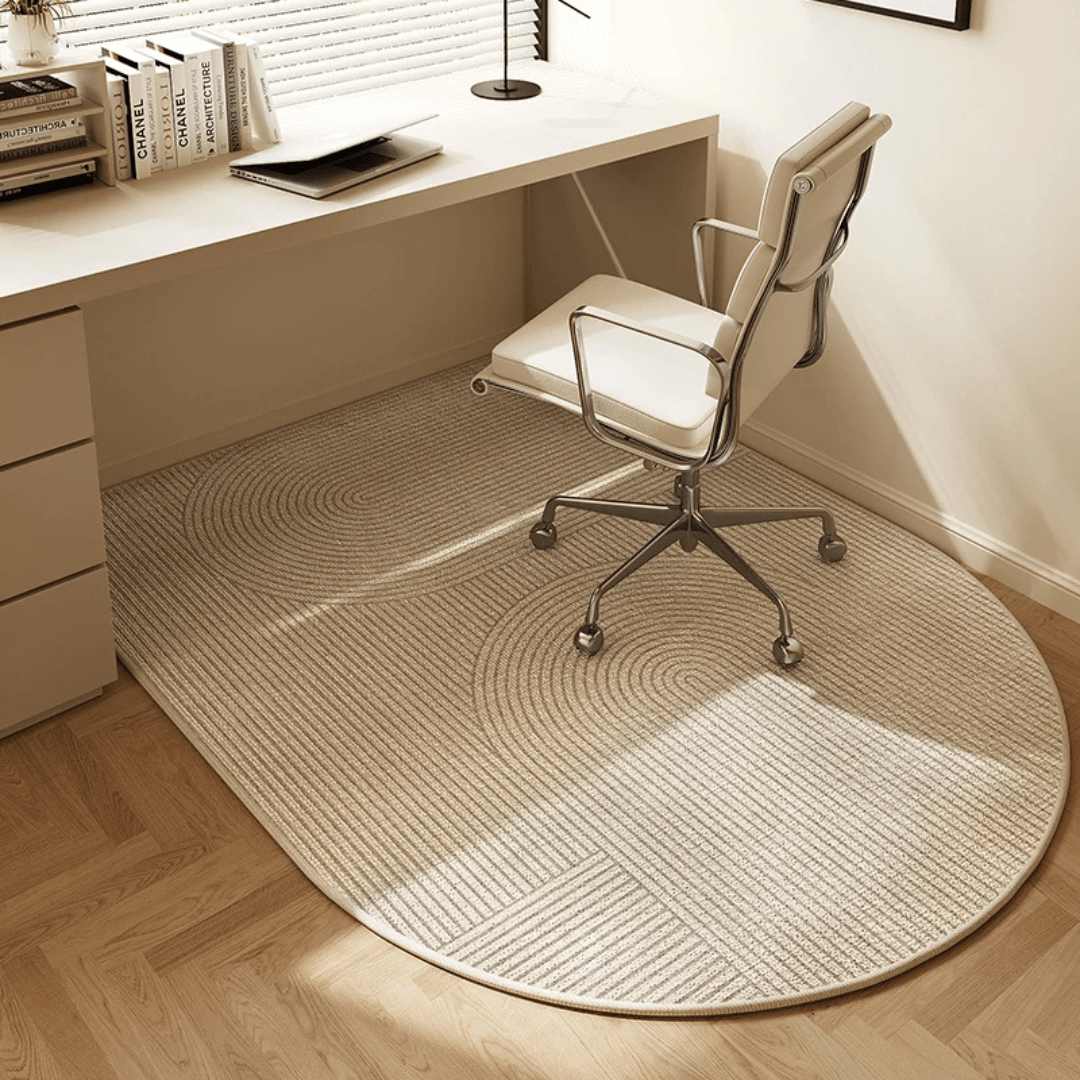 Velour office chair mat protecting hardwood floor from scratches; a stylish home office accessory for desk workspaces.