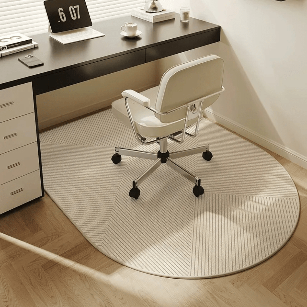 Soft velour chair mat, a durable floor protector for office chairs in a modern home office setup, enhancing decor.