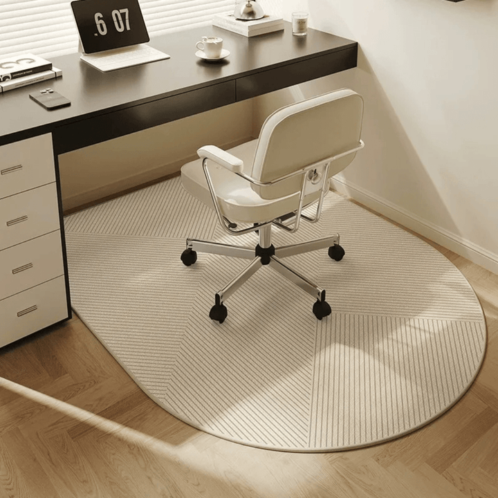 Soft velour chair mat, a durable floor protector for office chairs in a modern home office setup, enhancing decor.