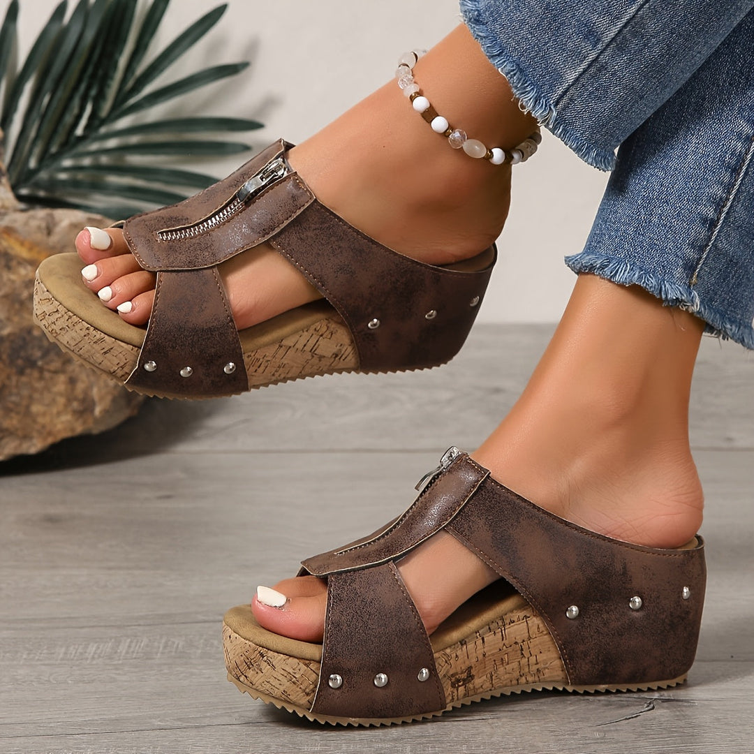 Angled view of Vera women's platform wedge sandals, combining style & all-day comfort for summer.