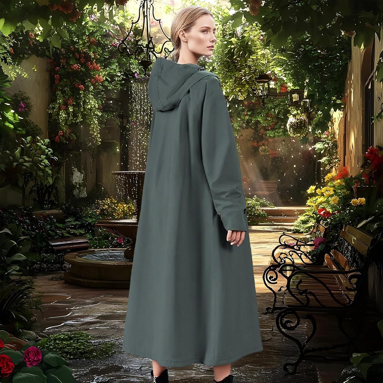 All-weather Veridra long raincoat, waterproof & versatile for outdoor activities & city life.