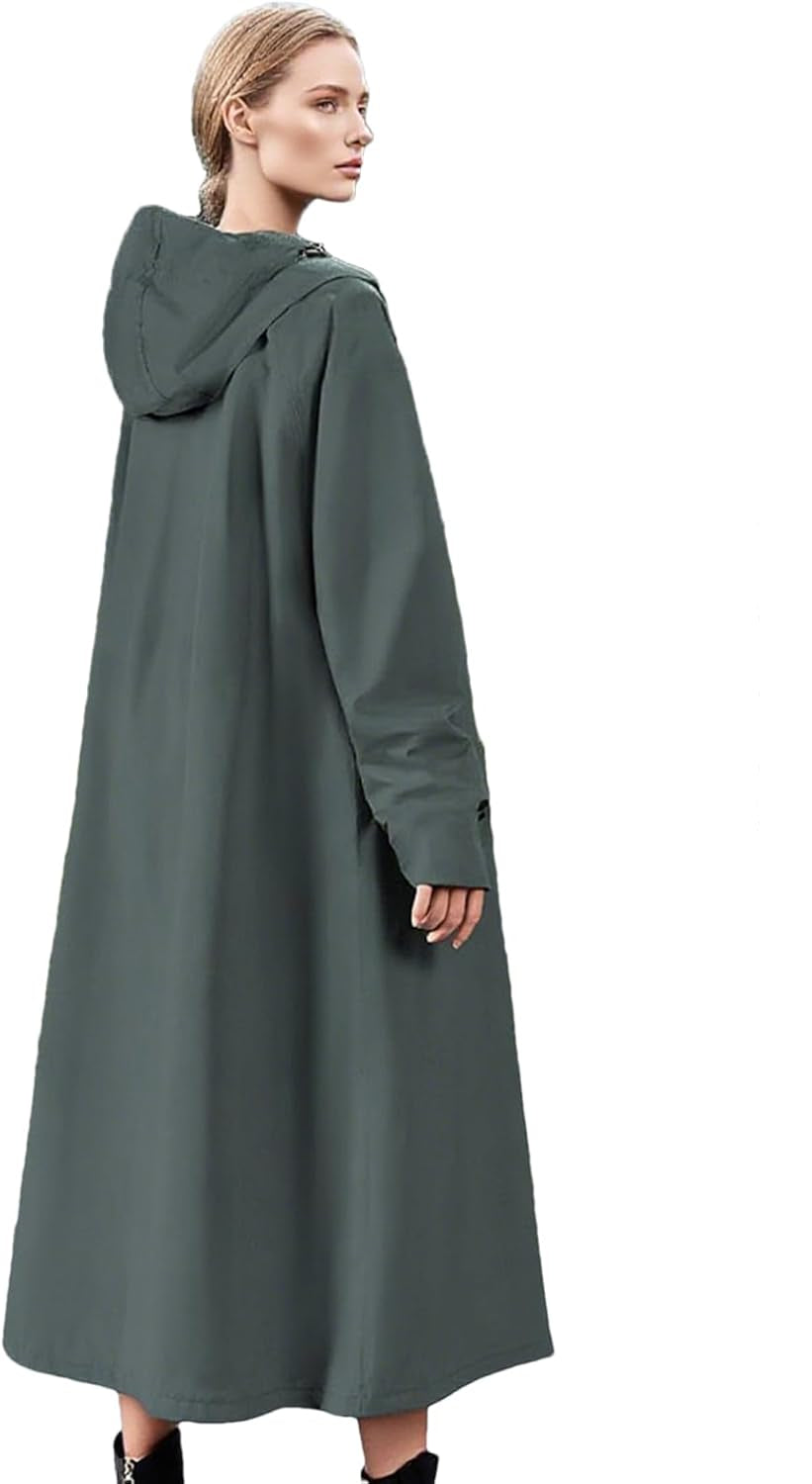 Stylish Veridra packable long raincoat, lightweight for easy carrying, great for travel.