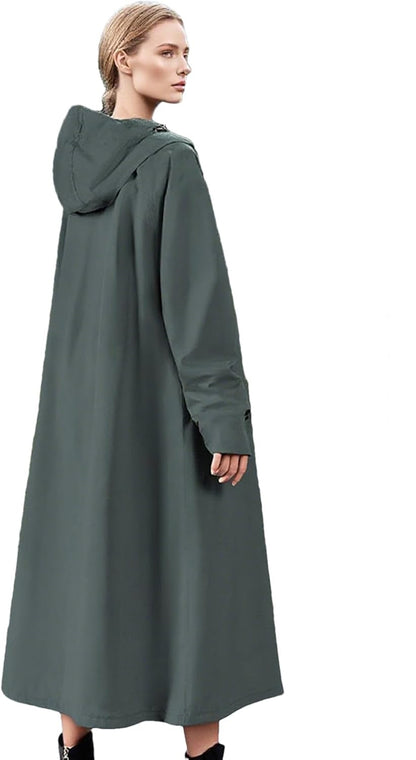 Stylish Veridra packable long raincoat, lightweight for easy carrying, great for travel.