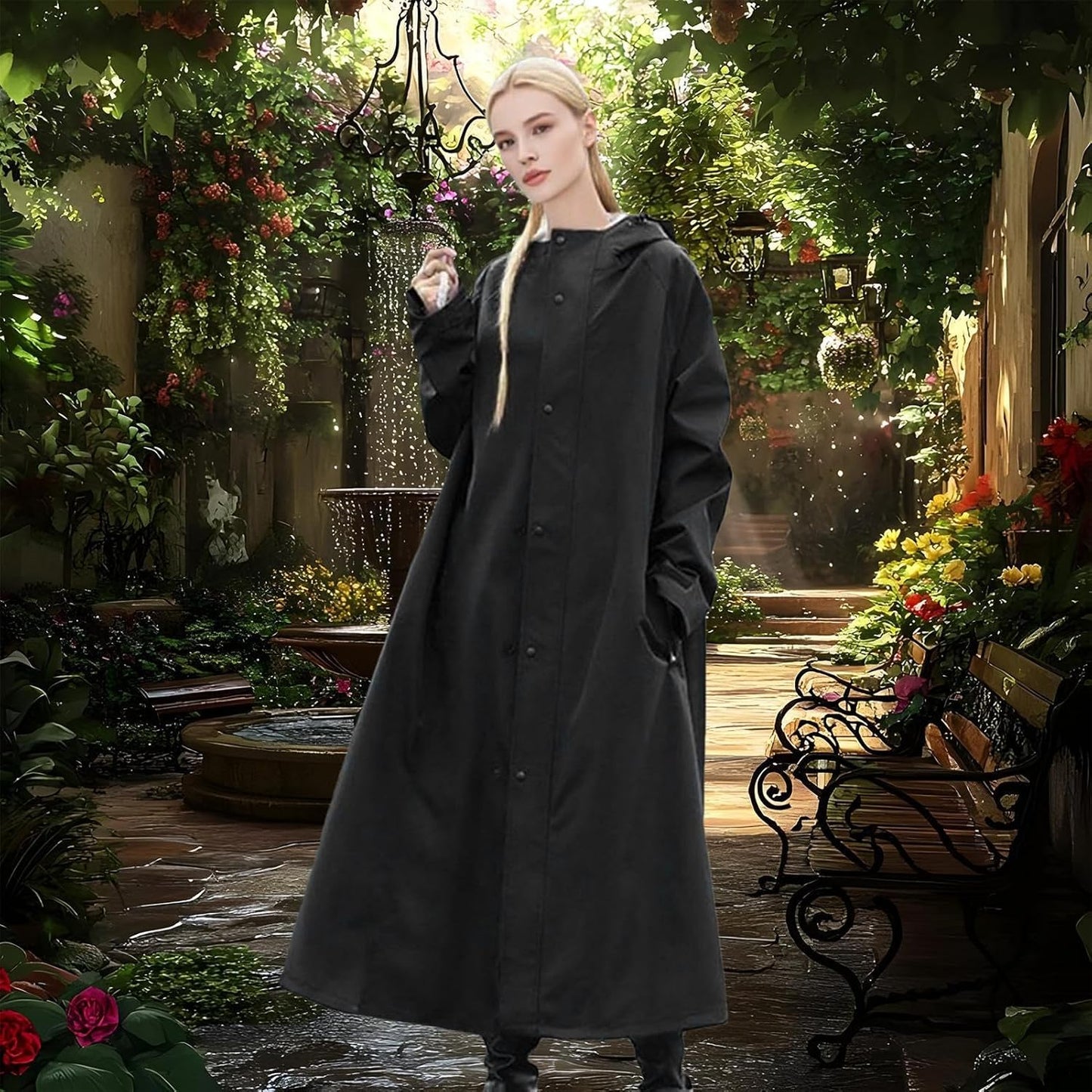 Unisex Veridra long raincoat, sleek and waterproof, ideal commuter jacket for heavy rain.