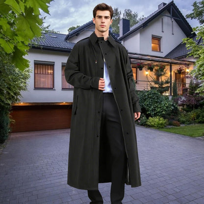 Veridra waterproof long raincoat, unisex design, durable outdoor gear for wet conditions.