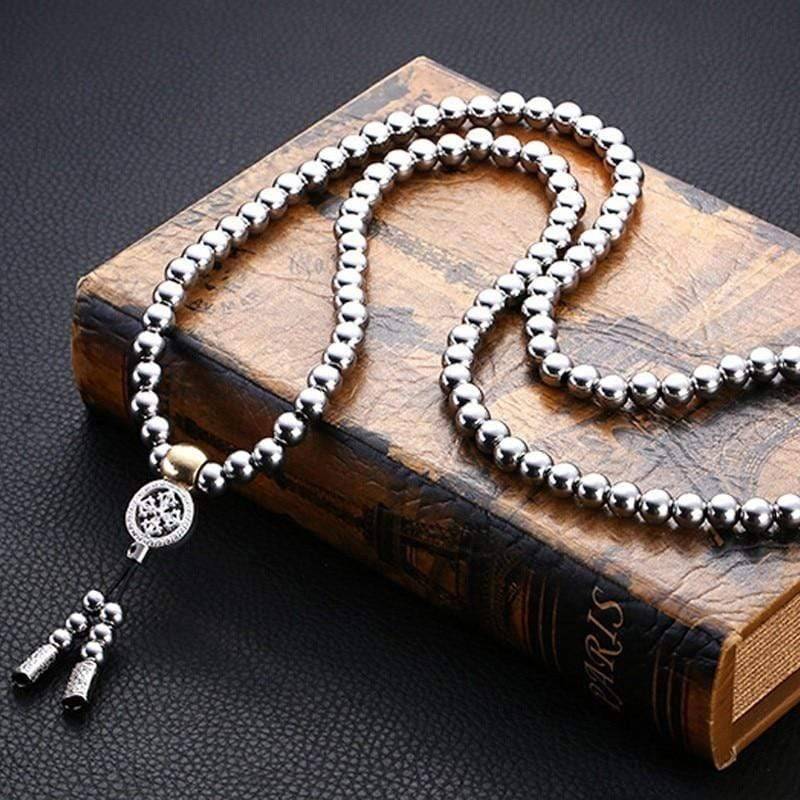 Closeup of the 10mm Buddha Beads EDC Chain, highlighting bead texture and survival cordage.