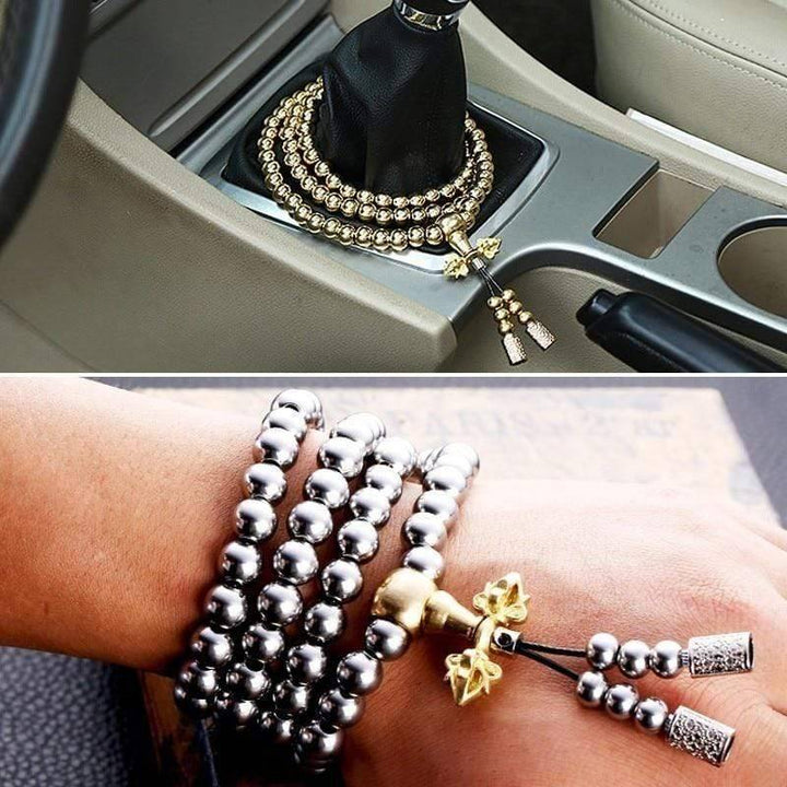 Stylish EDC accessory: Buddha Beads Chain worn as a necklace, complementing an outdoor jacket.