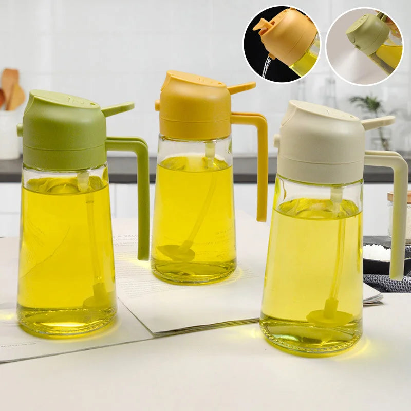 Versatile 2-in-1 glass oil sprayer & dispenser for cooking, baking, grilling. Healthy food prep kitchen tool.