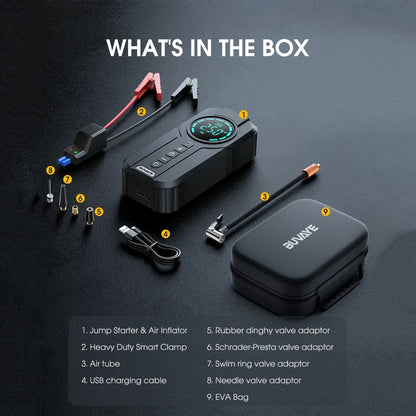 Multifunctional jump starter with tire inflator, power bank, and bright LED for vehicle safety