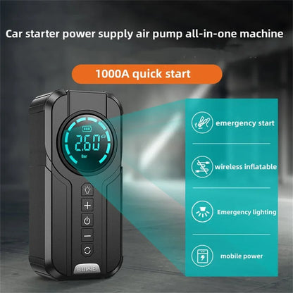 Portable 1000A car jump starter and air compressor for emergency roadside assistance